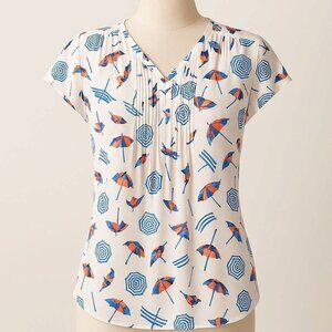 Talbots Petites SP Blouse – Beach Umbrella Print Red/White/Blue, Cap Sleeve